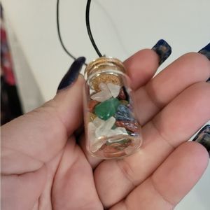 Chakra Necklace made with genuine stones / crystals in a bottle w leather cord.